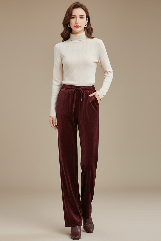 Pantalon Velours Côtelé Bordeaux Ample Taille Haute Femme - Cordé
