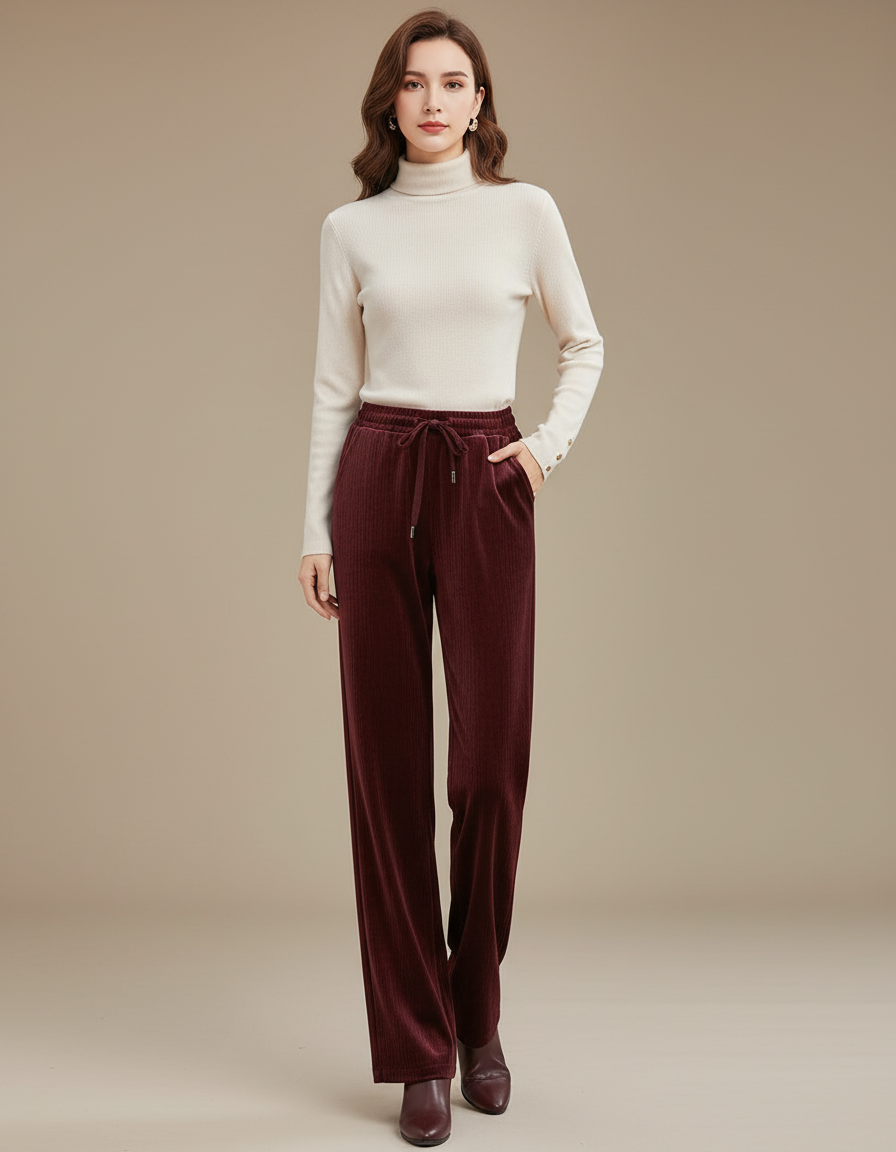 Pantalon Velours Côtelé Bordeaux Ample Taille Haute Femme - Cordé