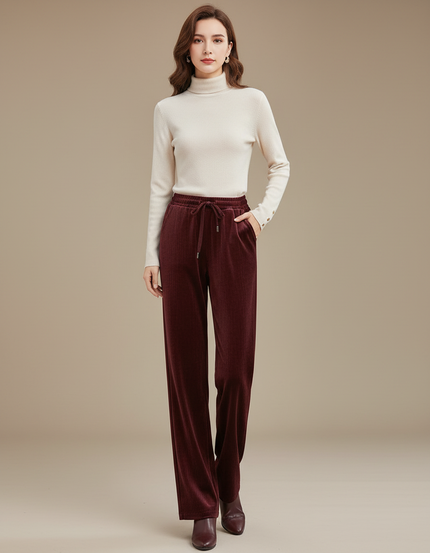 Pantalon Velours Côtelé Bordeaux Ample Taille Haute Femme - Cordé