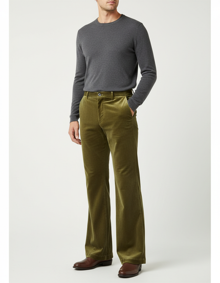 Pantalon Velours Homme Évasé Vert Confortable Élégant - Kaki