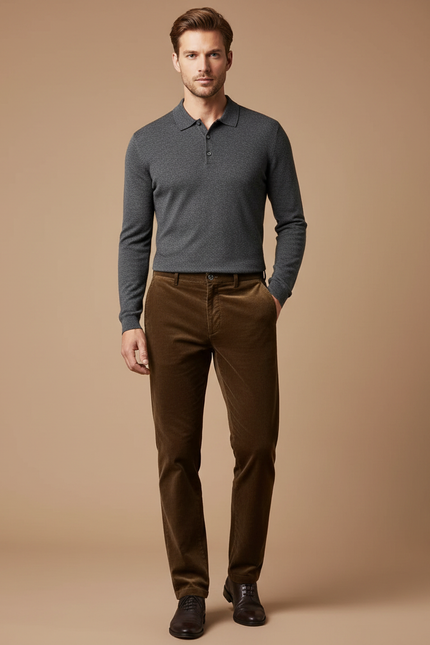 Pantalon Velours Marron Côtelé Coupe Droite Homme Élégant - Cordé