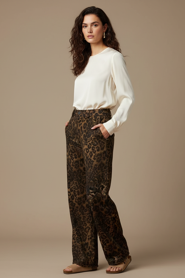 Pantalon Velours Léopard Ample Marron Hiver Femme