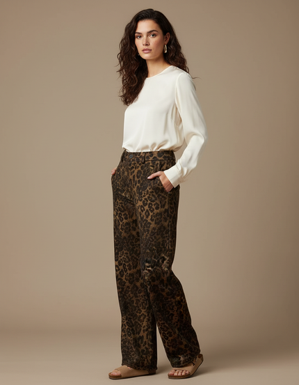Pantalon Velours Léopard Ample Marron Hiver Femme
