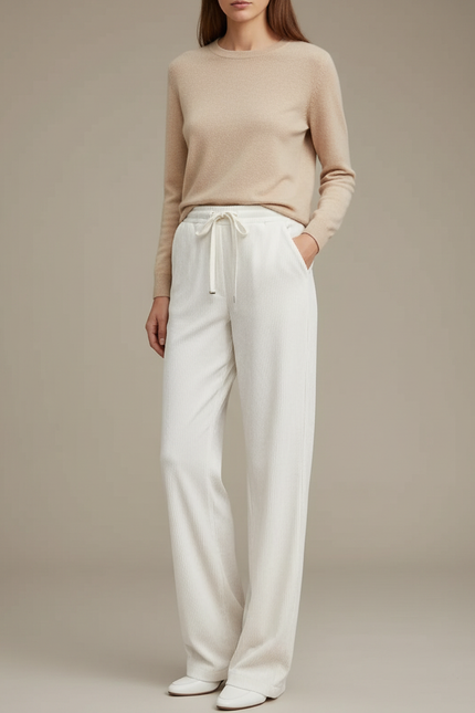 Pantalon Velours Côtelé Écru Ample Décontracté Femme - Blanc Cordé