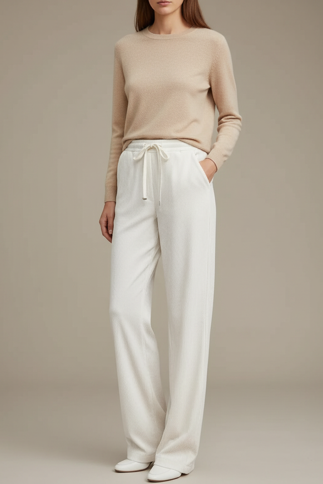 Pantalon Velours Côtelé Écru Ample Décontracté Femme - Blanc Cordé