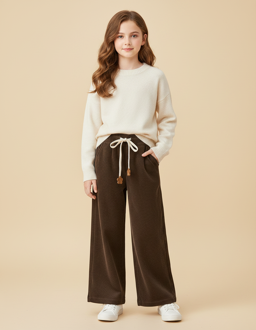 Pantalon Velours Marron Ample Côtelé Décontracté Fille - Cordé