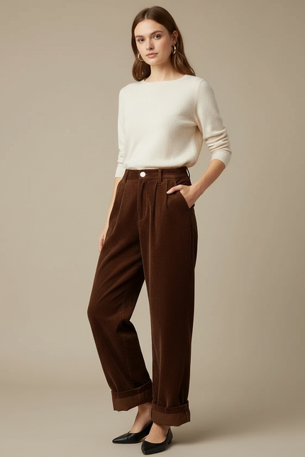 Pantalon Velours Côtelé - Marron Femme - Cordé
