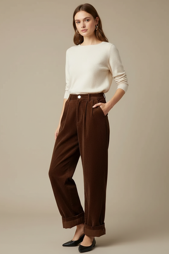 Pantalon Velours Côtelé - Marron Femme - Cordé