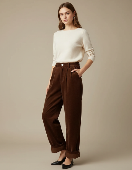 Pantalon Velours Côtelé - Marron Femme - Cordé