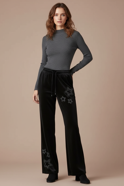 Pantalon Velours Noir Évasé Étoiles Strass Décontracté