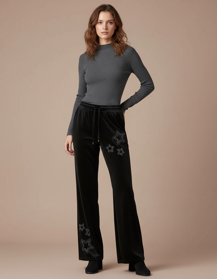 Pantalon Velours Noir Évasé Étoiles Strass Décontracté