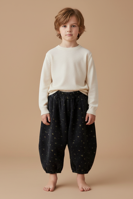 Pantalon Velours Noir Ample Fleuri Hiver Enfant