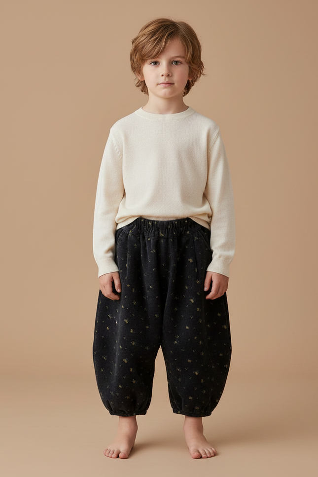 Pantalon Velours Noir Ample Fleuri Hiver Enfant