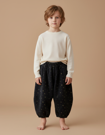 Pantalon Velours Noir Ample Fleuri Hiver Enfant