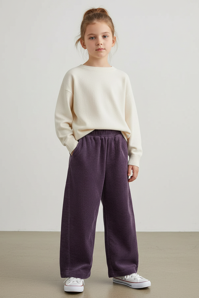 Pantalon Velours Violet Côtelé Ample Enfant Fille - Cordé