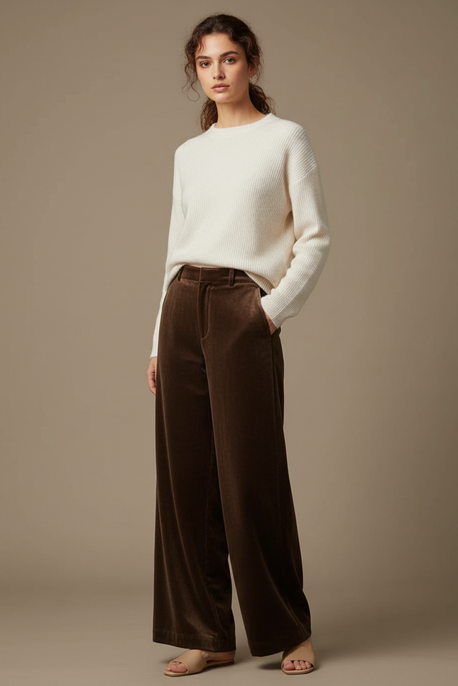 Pantalon En Velours Large - Marron