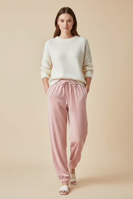 Pantalon Velours Rose Ample Confortable Cordon Femme