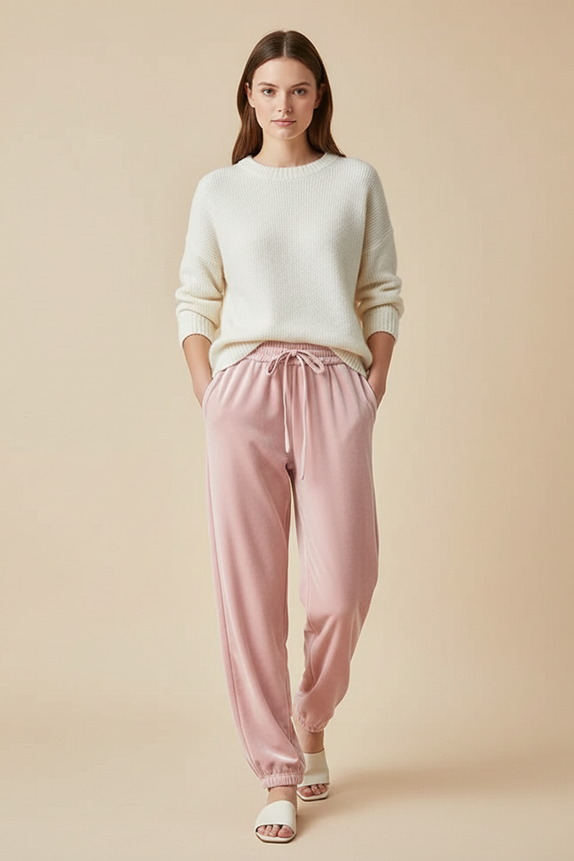 Pantalon Velours Rose Ample Confortable Cordon Femme
