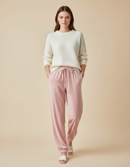 Pantalon Velours Rose Ample Confortable Cordon Femme