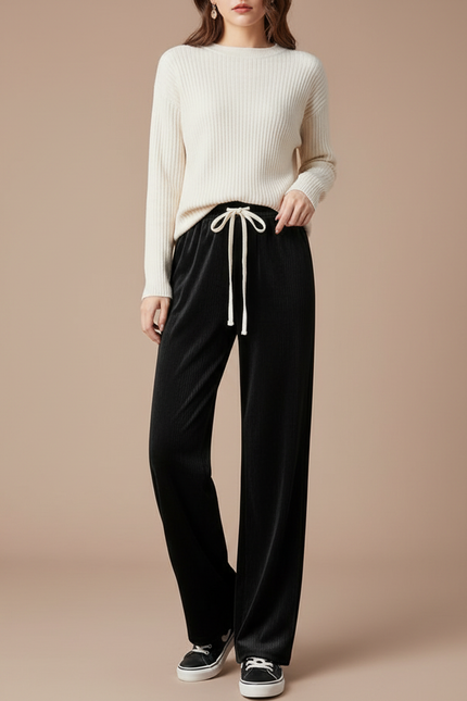 Pantalon Velours Côtelé Noir Fluide Décontracté Femme - Cordé
