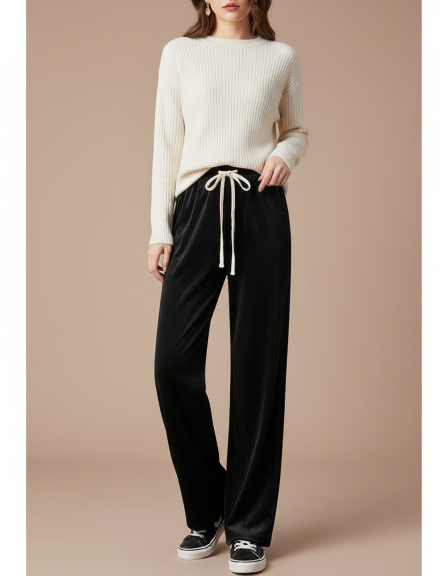 Pantalon Velours Côtelé Noir Fluide Décontracté Femme - Cordé