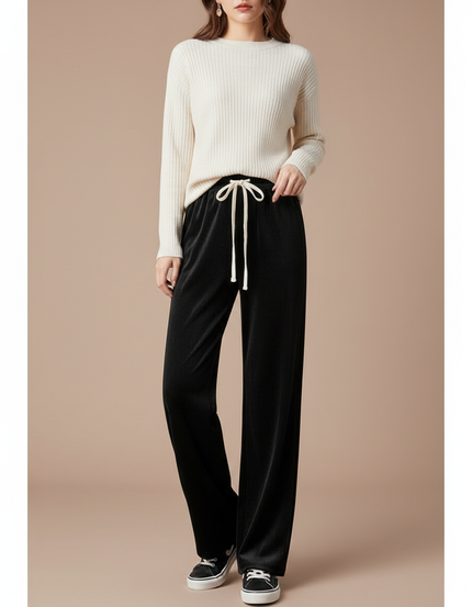 Pantalon Velours Côtelé Noir Fluide Décontracté Femme - Cordé