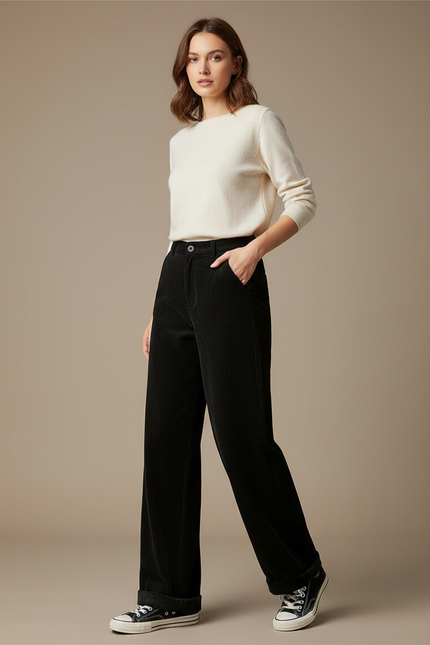 Pantalon Velours Noir Côtelé Large Droit Décontracté Femme - Cordé