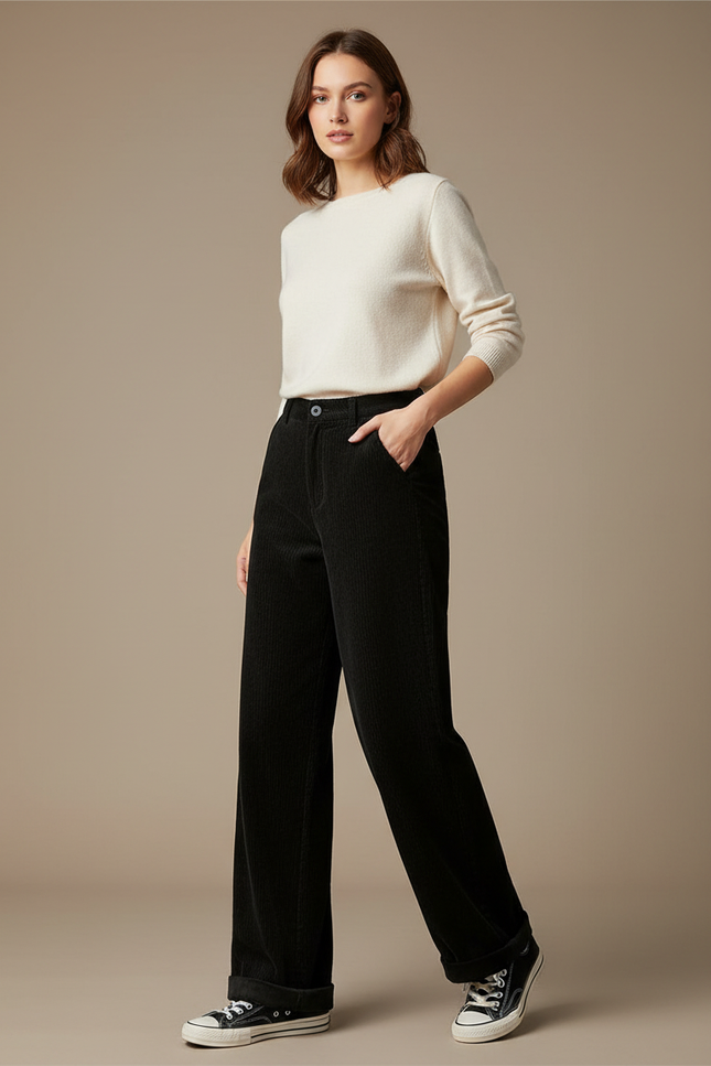 Pantalon Velours Noir Côtelé Large Droit Décontracté Femme - Cordé