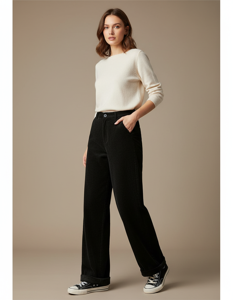 Pantalon Velours Noir Côtelé Large Droit Décontracté Femme - Cordé