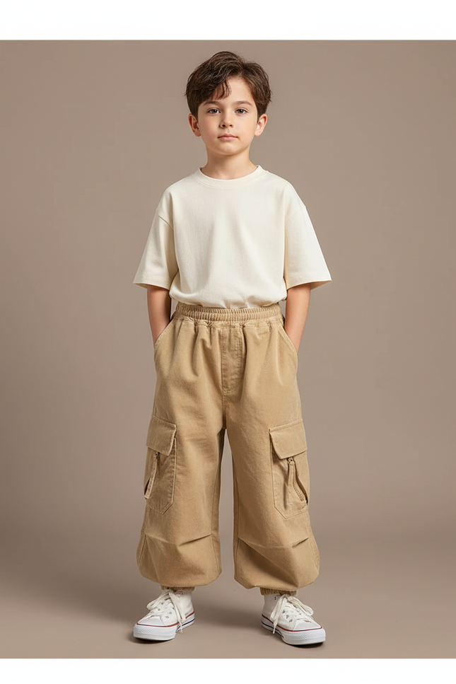 Pantalon Velours Beige Ample Cargo Enfant Décontracté - Cordé