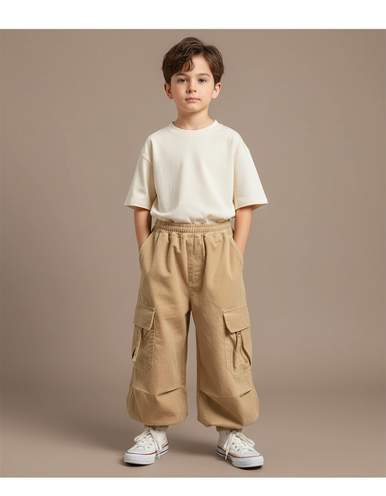 Pantalon Velours Beige Ample Cargo Enfant Décontracté - Cordé