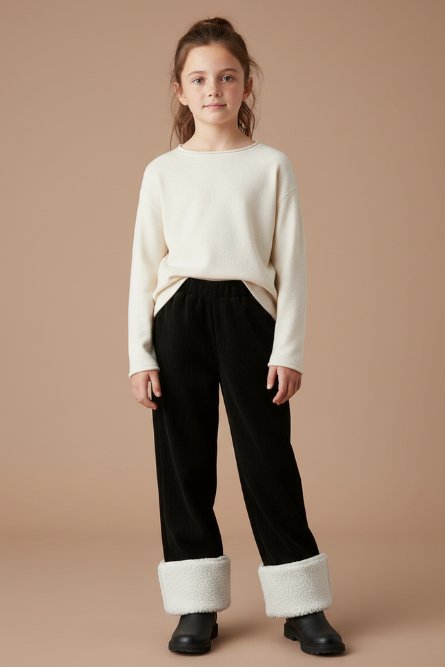 Pantalon Velours Noir Côtelé Doublé Chaud Fille