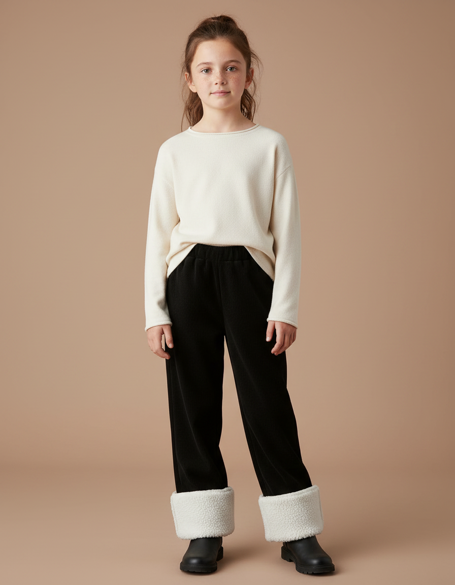Pantalon Velours Noir Côtelé Doublé Chaud Fille