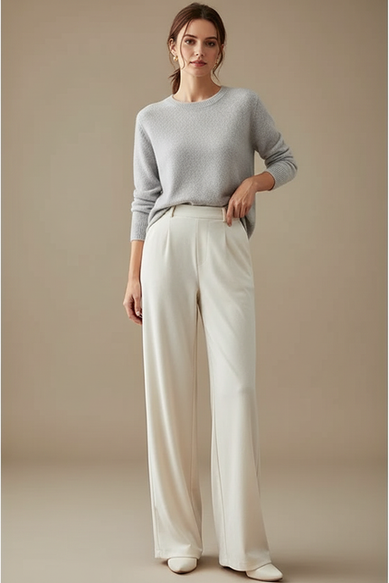 Pantalon Velours Crème Ample Taille Haute Fluide - Beige