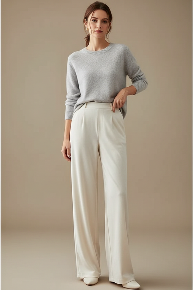 Pantalon Velours Crème Ample Taille Haute Fluide - Beige