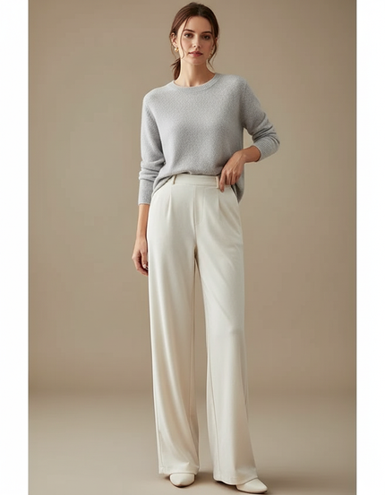 Pantalon Velours Crème Ample Taille Haute Fluide - Beige
