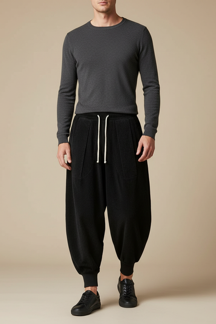 Pantalon Velours Noir Côtelé Ample Décontracté Harem - Cordé