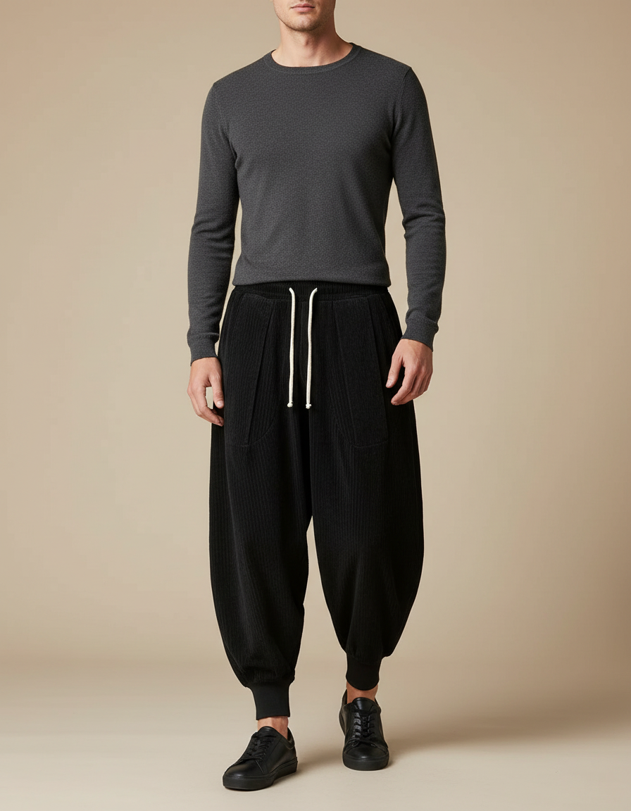 Pantalon Velours Noir Côtelé Ample Décontracté Harem - Cordé