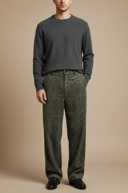 Pantalon Velours Vert Imprimé Léopard Ample Homme