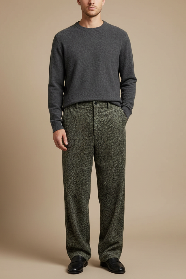 Pantalon Velours Vert Imprimé Léopard Ample Homme