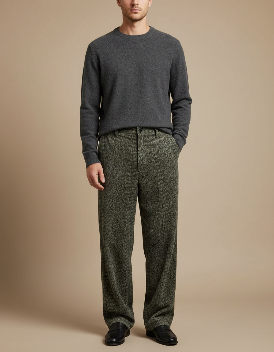 Pantalon Velours Vert Imprimé Léopard Ample Homme