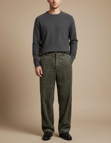 Pantalon Velours Vert Imprimé Léopard Ample Homme