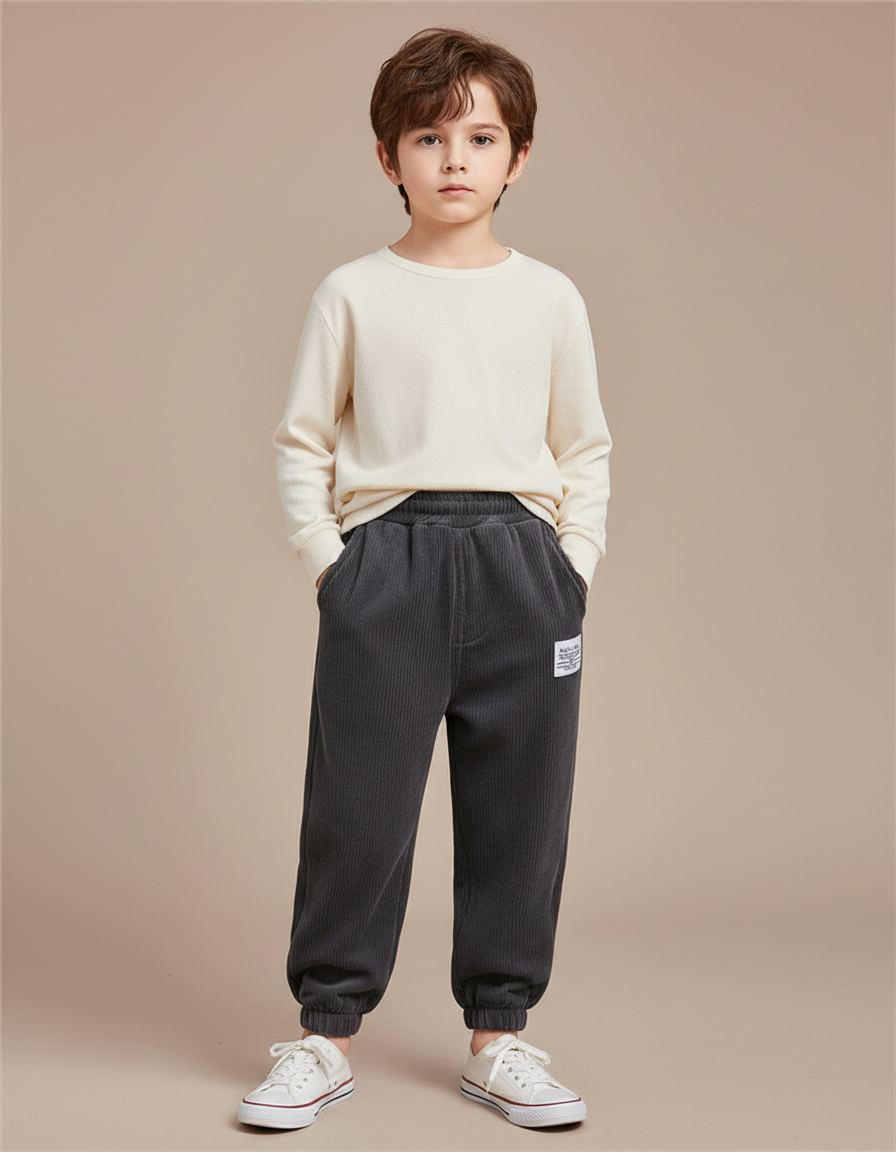 Pantalon Velours Côtelé Gris Décontracté Hiver Enfant - Cordé