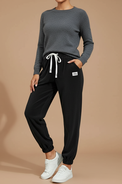 Pantalon Velours Côtelé Noir Cordon Décontracté Femme - Cordé