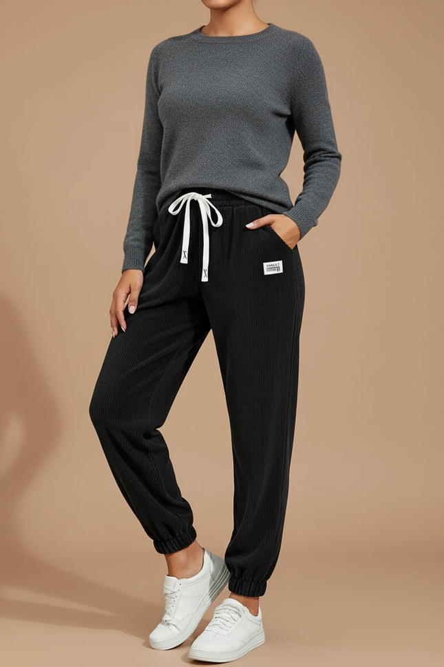 Pantalon Velours Côtelé Noir Cordon Décontracté Femme - Cordé