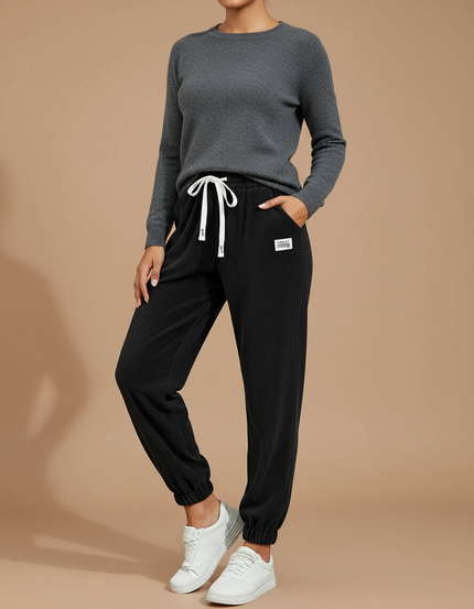 Pantalon Velours Côtelé Noir Cordon Décontracté Femme - Cordé