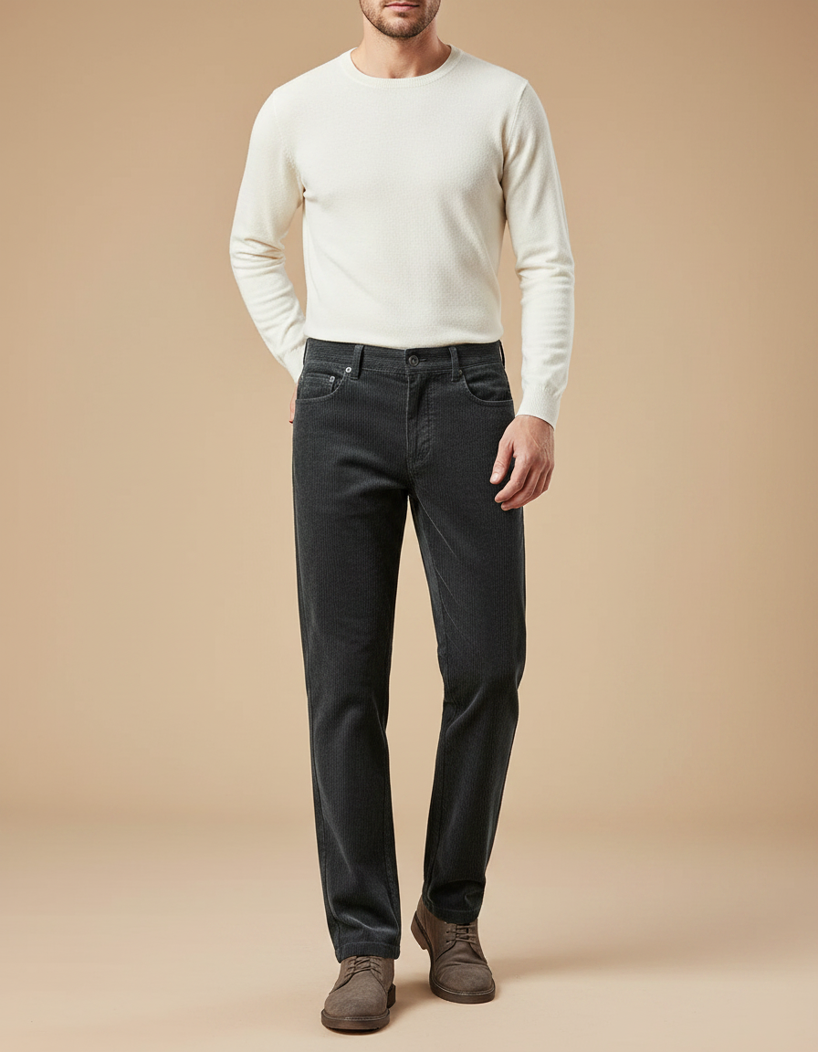 Pantalon Velours Homme Côtelé Gris Décontracté Droit Hiver