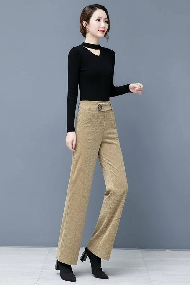 Pantalon Velours Beige Côtelé Large Taille Haute Femme - Cordé