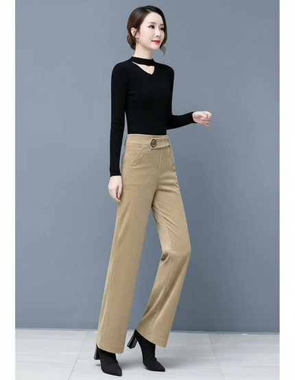 Pantalon Velours Beige Côtelé Large Taille Haute Femme - Cordé
