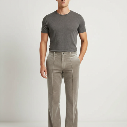 Pantalon Velours Gris Évasé Taille Haute Élégant Homme